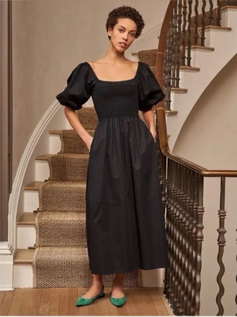 La Ligne Cotton Poplin Dress Size Small Black Smocked Puff Sleeves Midi